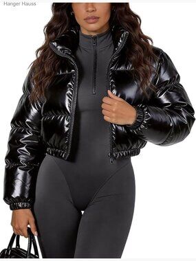 Metallic Shiny Cropped Puffer Jacket Long Sleeve Zip Up Padded Winter Coat